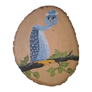 VTG Hand Painted Oval Wood Plaque w Blue Bird Goofy Whimsy Decorative Wall Art